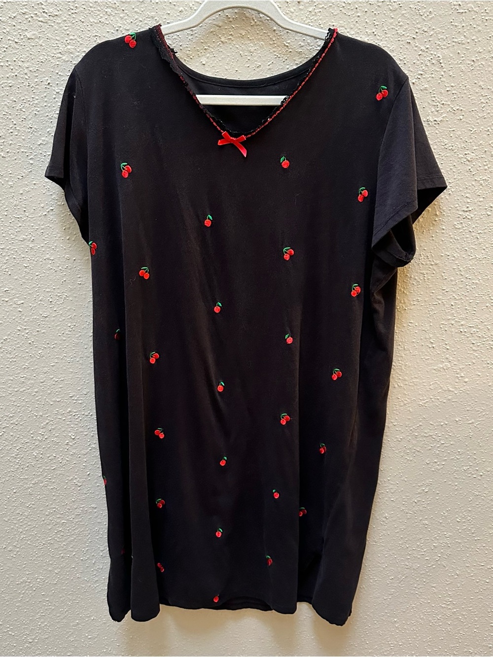 Vintage Y2K Cherry Embroidery Oversized Sleepshirt Nightgown Black Red Bow L/XL